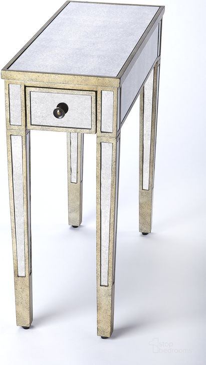 The appearance of Katarina Mirrored Chairside Table In Silver designed by Butler Specialty Company in the transitional interior design. This silver piece of furniture  was selected by 1StopBedrooms from Masterpiece Collection to add a touch of cosiness and style into your home. Sku: 3974146. Material: Wood. Product Type: Chairside Table. Image1