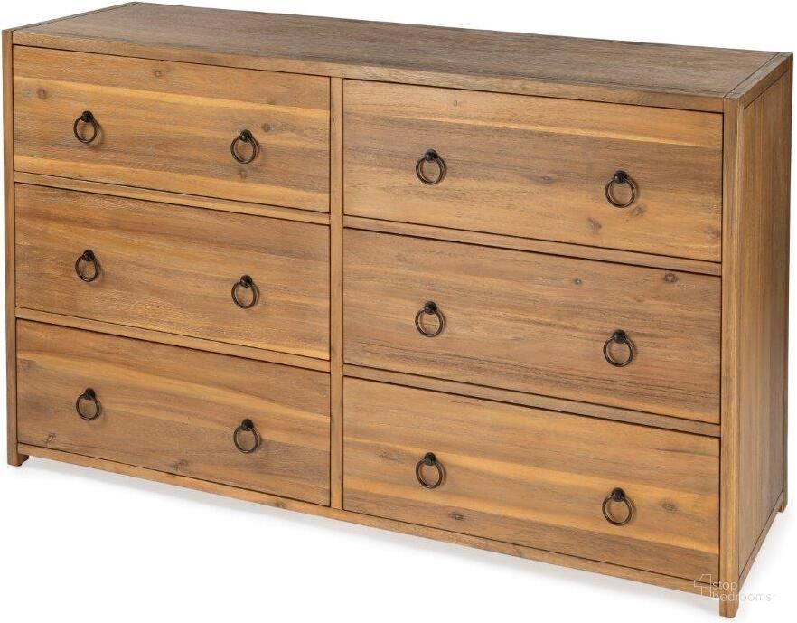 The appearance of Butler Lark 6 Drawer Natural Wood Dresser designed by Butler Specialty Company in the transitional interior design. This natural wood piece of furniture  was selected by 1StopBedrooms from Lark Collection to add a touch of cosiness and style into your home. Sku: 5525312. Product Type: Dresser. Material: MDF. Image1