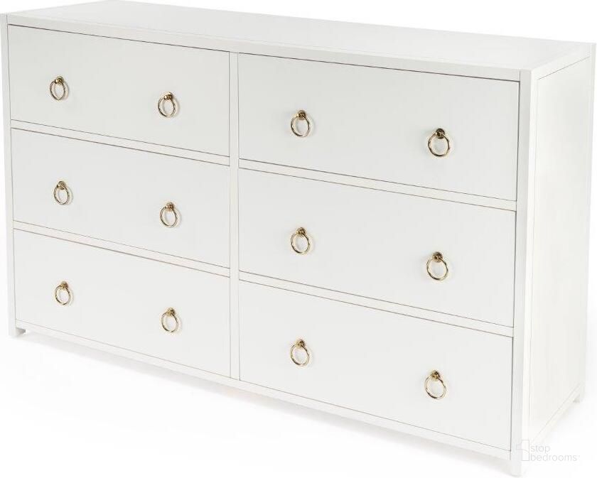 The appearance of Butler Lark 6 Drawer White Dresser designed by Butler Specialty Company in the transitional interior design. This white piece of furniture  was selected by 1StopBedrooms from Lark Collection to add a touch of cosiness and style into your home. Sku: 5525304. Product Type: Dresser. Material: Pine. Image1