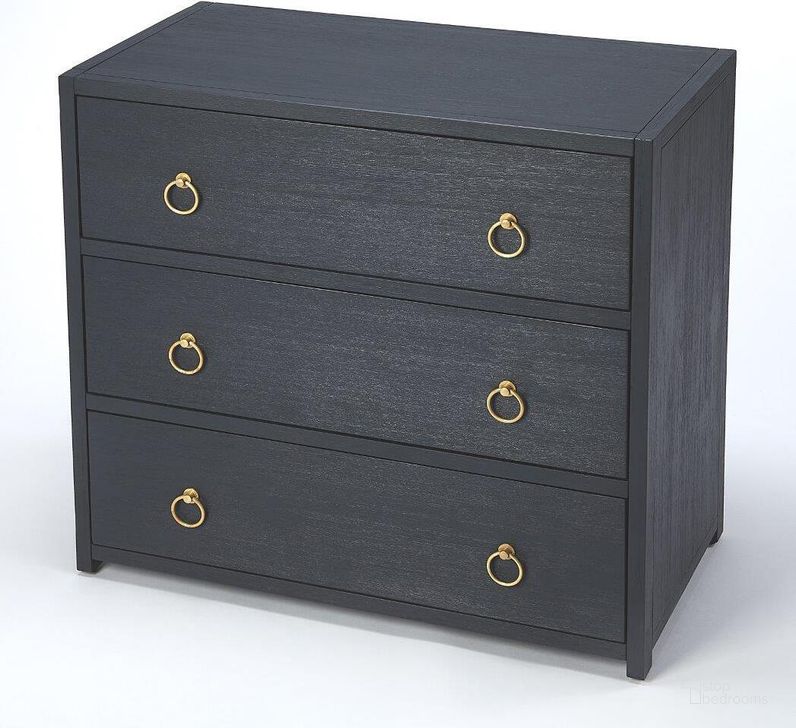 The appearance of Butler Lark Navy Blue 3 Drawer Chest designed by Butler Specialty Company in the transitional interior design. This blue piece of furniture  was selected by 1StopBedrooms from Loft Collection to add a touch of cosiness and style into your home. Sku: 5392291. Product Type: Chest. Material: Rubberwood. Image1