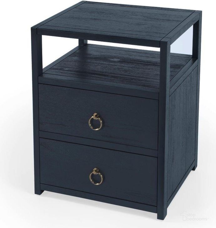 The appearance of Butler Lark Navy Nightstand designed by Butler Specialty Company in the transitional interior design. This navy piece of furniture  was selected by 1StopBedrooms from Butler Loft Collection to add a touch of cosiness and style into your home. Sku: 5526291. Product Type: Nightstand. Material: MDF. Image1