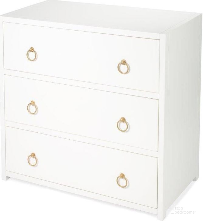 The appearance of Butler Lark White 3 Drawer Chest designed by Butler Specialty Company in the transitional interior design. This white piece of furniture  was selected by 1StopBedrooms from Loft Collection to add a touch of cosiness and style into your home. Sku: 5392304. Product Type: Chest. Material: Rubberwood. Image1