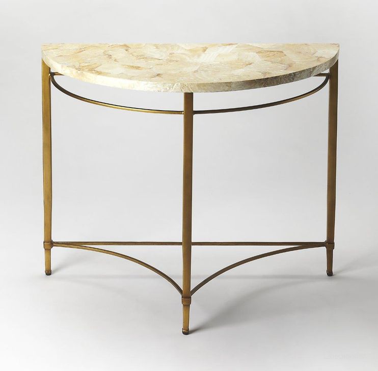 The appearance of Butler Marlena Shell Demilune Console Table designed by Butler Specialty Company in the modern / contemporary interior design. This gold piece of furniture  was selected by 1StopBedrooms from Metalworks Collection to add a touch of cosiness and style into your home. Sku: 6185025. Material: Metal. Product Type: Console Table. Image1