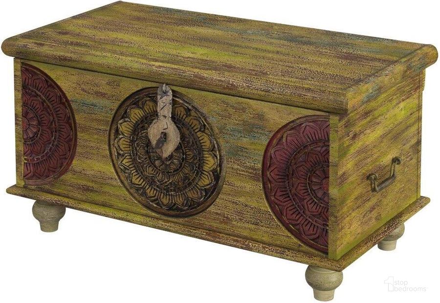The appearance of Butler Mesa Carved Wood Trunk Coffee Table designed by Butler Specialty Company in the transitional interior design. This assorted piece of furniture  was selected by 1StopBedrooms from Artifacts Collection to add a touch of cosiness and style into your home. Sku: 3140290. Material: Wood. Product Type: Coffee Table. Image1