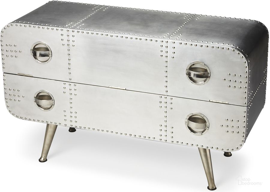 The appearance of Midway Aviator Console Chest In Silver designed by Butler Specialty Company in the industrial interior design. This silver piece of furniture  was selected by 1StopBedrooms from Midway Aviator Collection to add a touch of cosiness and style into your home. Sku: 2554025. Material: Aluminum. Product Type: Accent Chest. Image1