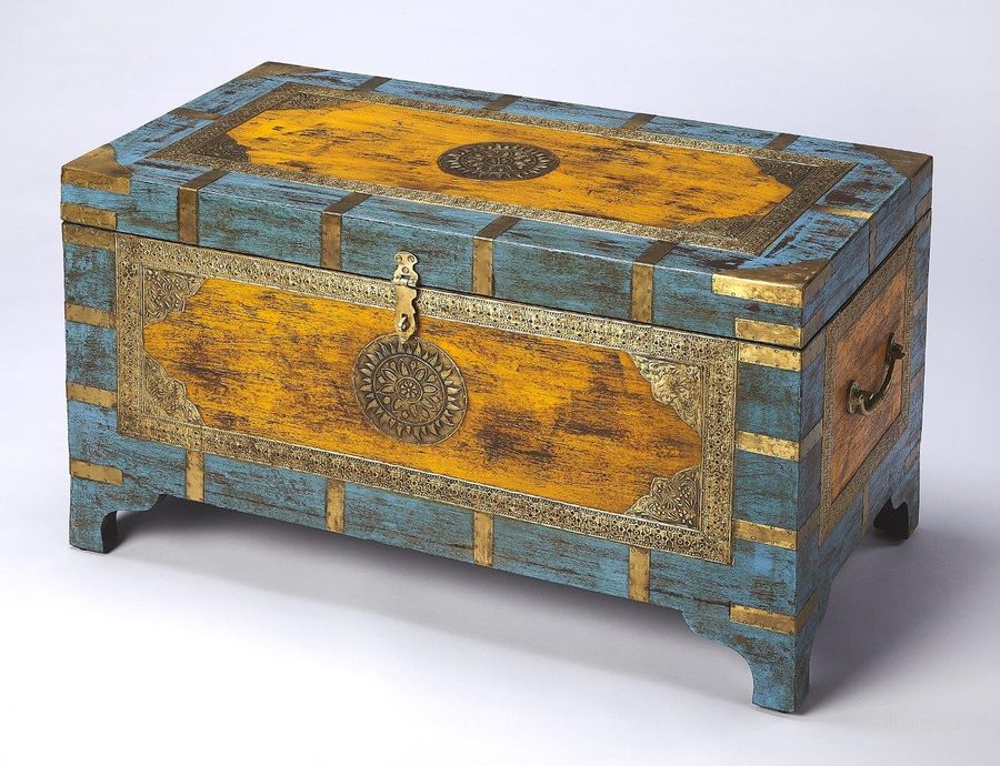 The appearance of Butler Nador Painted Brass Inlay Storage Trunk designed by Butler Specialty Company in the traditional interior design. This assorted piece of furniture  was selected by 1StopBedrooms from Artifacts Collection to add a touch of cosiness and style into your home. Sku: 3365290. Material: Wood. Product Type: Storage Trunk. Image1