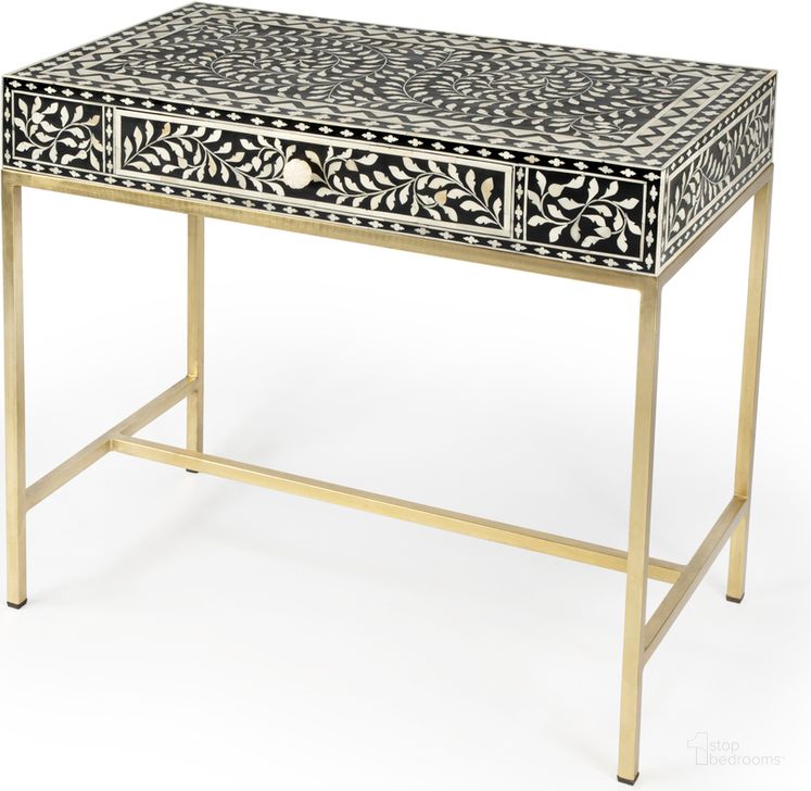 The appearance of Perilla Bone Inlay Writing Desk In Black and White/Gold designed by Butler Specialty Company in the modern / contemporary interior design. This black/gold/white piece of furniture  was selected by 1StopBedrooms from Bone Inlay Collection to add a touch of cosiness and style into your home. Sku: 5529318. Product Type: Writing Desk. Material: Bone Inlay. Image1