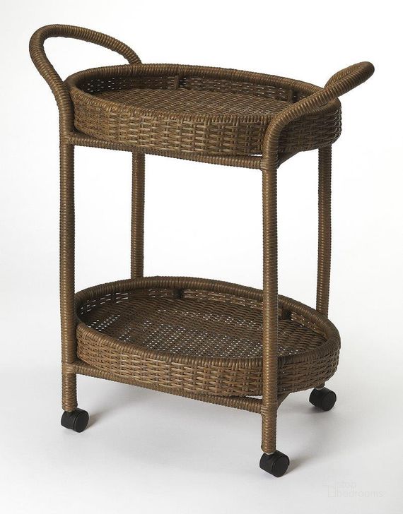 The appearance of Butler Pevita Rattan Serving Cart designed by Butler Specialty Company in the transitional interior design. This dark brown piece of furniture  was selected by 1StopBedrooms from Designer's Edge Collection to add a touch of cosiness and style into your home. Sku: 9396035. Product Type: Serving Cart. Material: Rattan. Image1