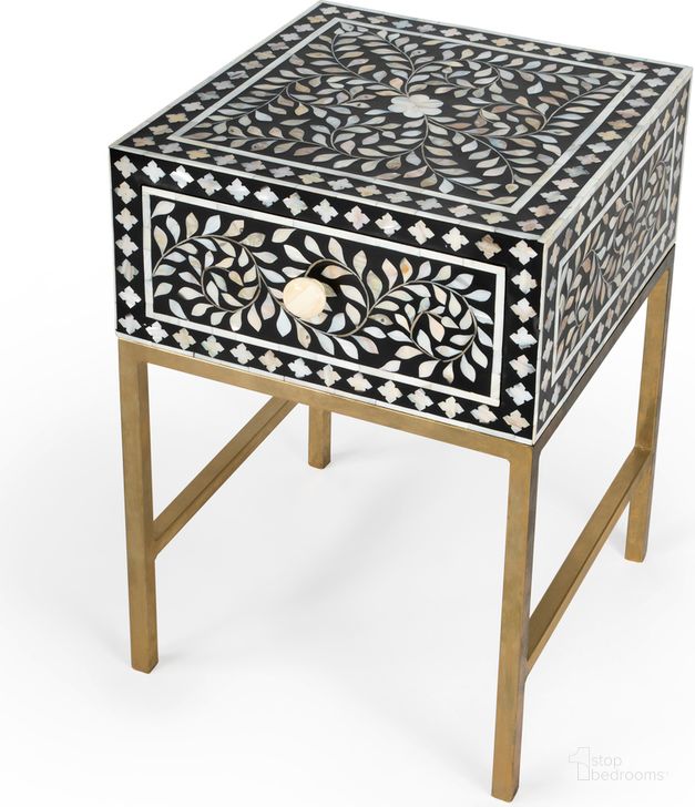 The appearance of Purgenia Mother of Pearl Side Table In Black and White/Gold designed by Butler Specialty Company in the modern / contemporary interior design. This black/gold/white piece of furniture  was selected by 1StopBedrooms from Bone Inlay Collection to add a touch of cosiness and style into your home. Sku: 5532388. Material: Wood. Product Type: Side Table. Image1