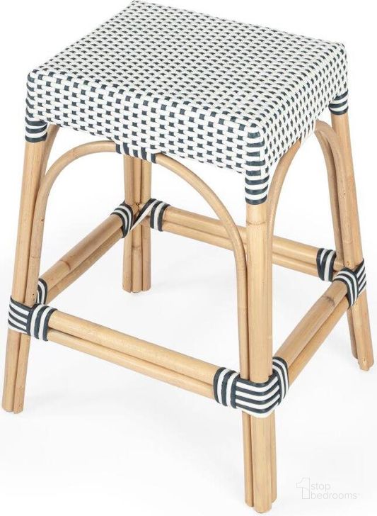 The appearance of Butler Robias Nevy and White Rattan Counter Stool designed by Butler Specialty Company in the transitional interior design. This white and navy piece of furniture  was selected by 1StopBedrooms from Designer's Edge Collection to add a touch of cosiness and style into your home. Sku: 5513291. Material: Rattan. Product Type: Barstool. Image1