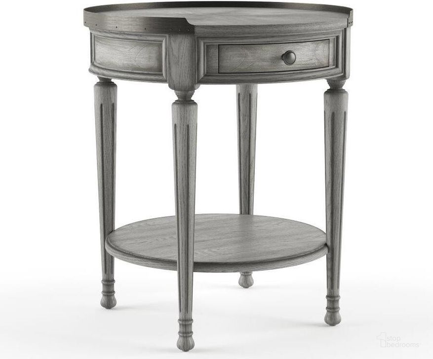 The appearance of Butler Sampson Powder Gray Accent Table designed by Butler Specialty Company in the transitional interior design. This grey piece of furniture  was selected by 1StopBedrooms from Sampson Collection to add a touch of cosiness and style into your home. Sku: 2311418. Product Type: Accent Table. Material: Poplar. Image1