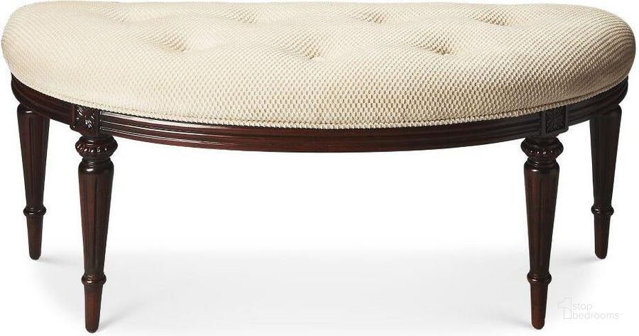 The appearance of Butler Tamara Plantation Cherry Demilune Bench designed by Butler Specialty Company in the traditional interior design. This dark brown piece of furniture  was selected by 1StopBedrooms from Plantation Collection to add a touch of cosiness and style into your home. Sku: 1120024. Product Type: Bedroom Bench. Material: Rubberwood. Image1