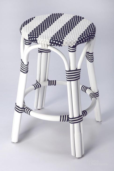 The appearance of Butler Tobias Blue and White Rattan Counter Stool 9371035 designed by Butler Specialty Company in the transitional interior design. This blue and white piece of furniture  was selected by 1StopBedrooms from Designer's Edge Collection to add a touch of cosiness and style into your home. Sku: 9371035. Material: Rattan. Product Type: Barstool. Image1