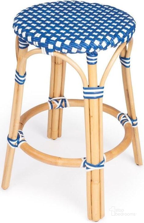 The appearance of Butler Tobias Blue and White Rattan Counter Stool 9371303 designed by Butler Specialty Company in the transitional interior design. This blue piece of furniture  was selected by 1StopBedrooms from Designer's Edge Collection to add a touch of cosiness and style into your home. Sku: 9371303. Material: Rattan. Product Type: Barstool. Image1