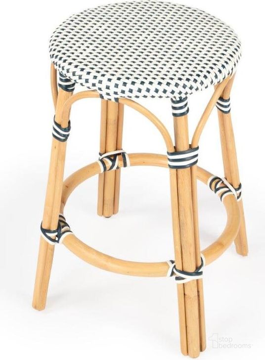 The appearance of Butler Tobias Navy and White Rattan Counter Stool designed by Butler Specialty Company in the transitional interior design. This white and navy piece of furniture  was selected by 1StopBedrooms from Designer's Edge Collection to add a touch of cosiness and style into your home. Sku: 9371222. Material: Rattan. Product Type: Barstool. Image1