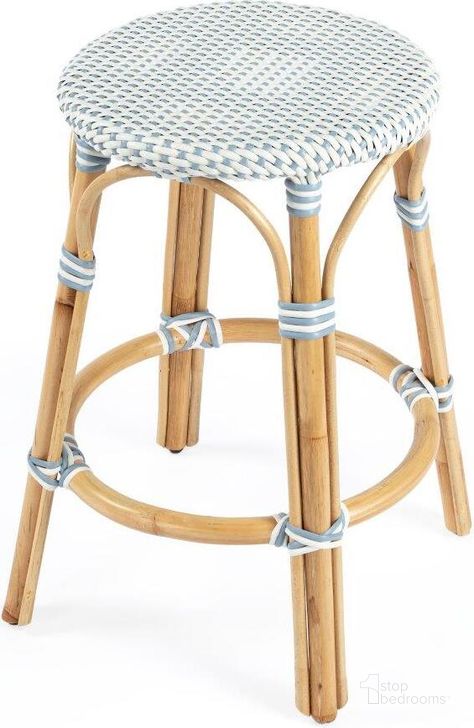 The appearance of Butler Tobias Twilight Blue and White Rattan Counter Stool designed by Butler Specialty Company in the transitional interior design. This white and blue piece of furniture  was selected by 1StopBedrooms from Designer's Edge Collection to add a touch of cosiness and style into your home. Sku: 9371194. Material: Rattan. Product Type: Barstool. Image1