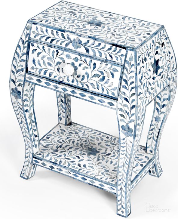 The appearance of Trubadur and Bone Inlay Side Table In White and Blue designed by Butler Specialty Company in the modern / contemporary interior design. This white and blue piece of furniture  was selected by 1StopBedrooms from Bone Inlay Collection to add a touch of cosiness and style into your home. Sku: 5530417. Product Type: Side Table. Material: Bone Inlay. Image1