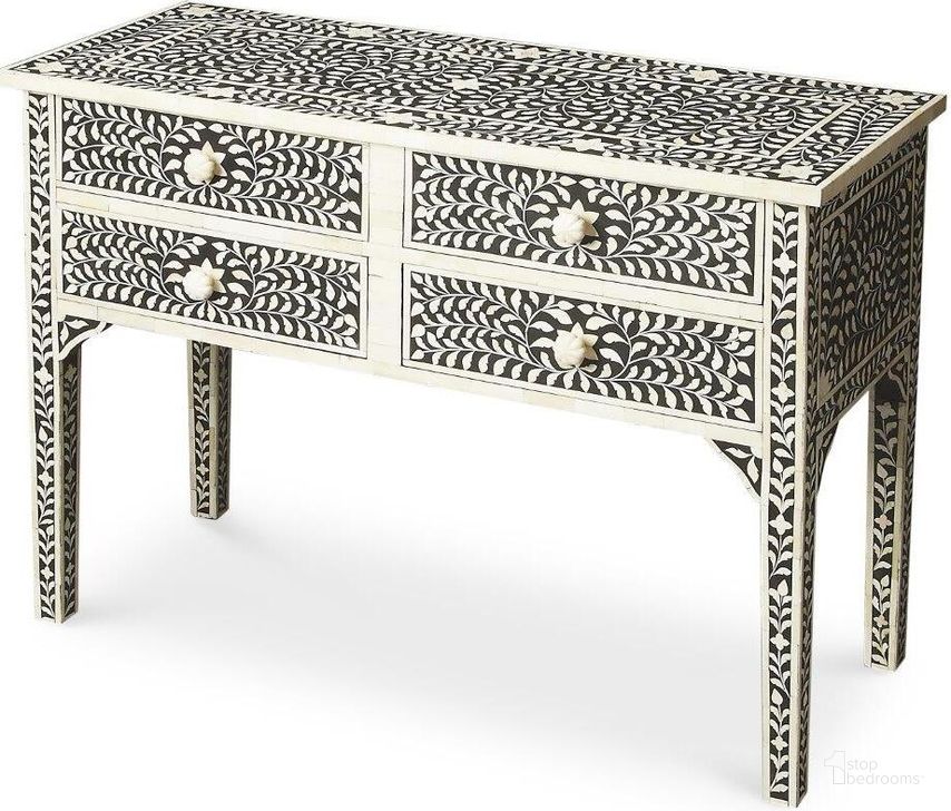 The appearance of Butler Vivienne Black Bone Inlay Console Table designed by Butler Specialty Company in the traditional interior design. This black piece of furniture  was selected by 1StopBedrooms from Bone Inlay Collection to add a touch of cosiness and style into your home. Sku: 1860070. Material: Wood. Product Type: Console Table. Image1