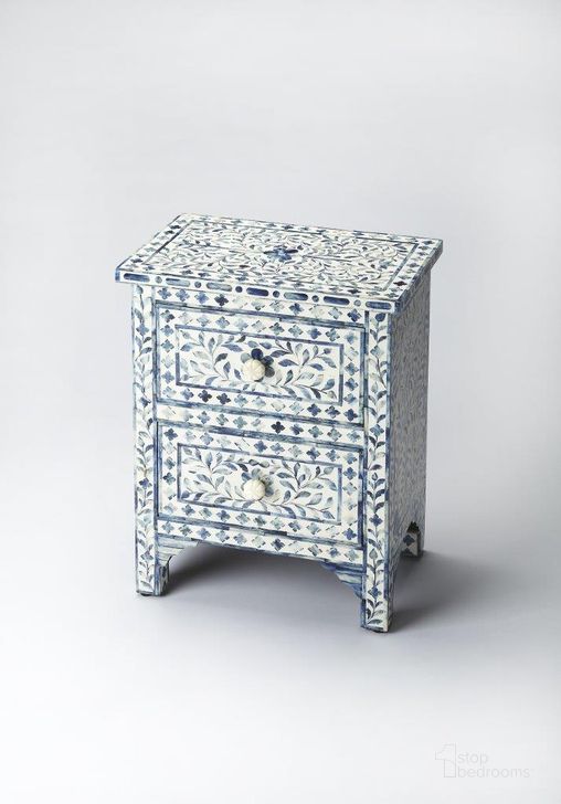 The appearance of Butler Vivienne Blue Bone Inlay Accent Chest designed by Butler Specialty Company in the traditional interior design. This blue piece of furniture  was selected by 1StopBedrooms from Bone Inlay Collection to add a touch of cosiness and style into your home. Sku: 2865319. Material: Wood. Product Type: Accent Chest. Image1
