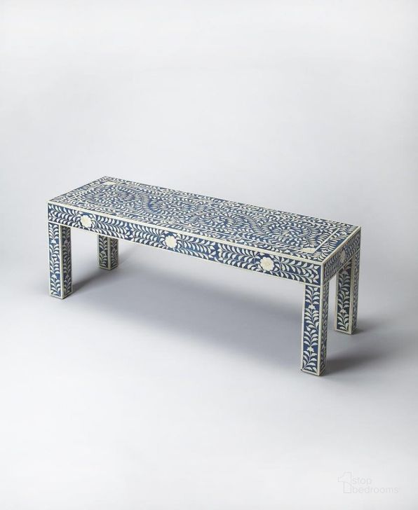 The appearance of Butler Vivienne Blue Bone Inlay Bench designed by Butler Specialty Company in the traditional interior design. This blue piece of furniture  was selected by 1StopBedrooms from Bone Inlay Collection to add a touch of cosiness and style into your home. Sku: 3558319. Material: Wood. Product Type: Bedroom Bench. Image1