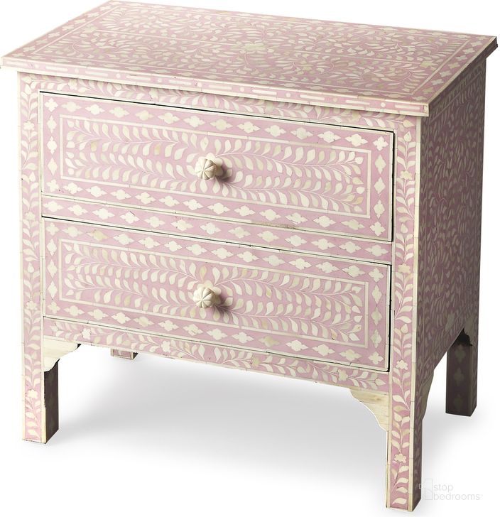 The appearance of Vivienne Pink Bone Inlay Accent Chest In Pink designed by Butler Specialty Company in the bohemian interior design. This pink piece of furniture  was selected by 1StopBedrooms from Vivienne Collection to add a touch of cosiness and style into your home. Sku: 3224070. Material: Wood. Product Type: Accent Chest. Image1