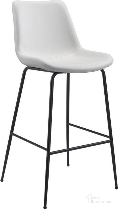 The appearance of Byron Bar Chair White designed by Zuo Modern in the modern / contemporary interior design. This white and black piece of furniture  was selected by 1StopBedrooms from Byron Collection to add a touch of cosiness and style into your home. Sku: 101773. Product Type: Bar Chair. Material: Polyurethane. Image1