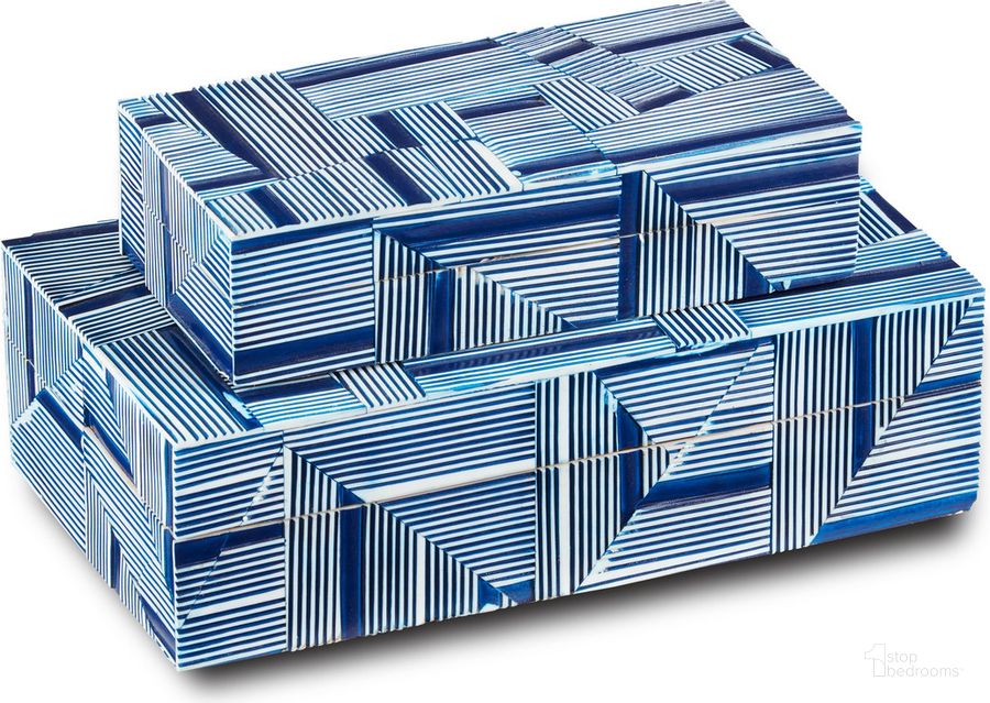 The appearance of Cade Blue Box Set of 2 designed by Currey & Company in the modern / contemporary interior design. This blue piece of furniture  was selected by 1StopBedrooms from Cade Collection to add a touch of cosiness and style into your home. Sku: 1200-0512. Material: Wood. Product Type: Box. Image1