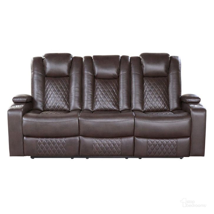 The appearance of Caelan Power Double Reclining Sofa With Center Drop-Down And Power Headrests designed by Homelegance in the modern / contemporary interior design. This brown piece of furniture  was selected by 1StopBedrooms from Caelan Collection to add a touch of cosiness and style into your home. Sku: 9366DB-3PWH. Material: Faux Leather. Product Type: Reclining Sofa. Image1
