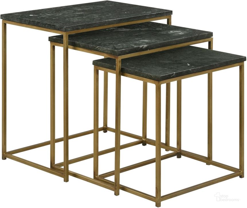 The appearance of Caine 3-Piece Nesting Table with Marble Top In Green Marble/Antique Gold designed by Coaster in the modern / contemporary interior design. This green marble/antique gold piece of furniture  was selected by 1StopBedrooms from Caine Collection to add a touch of cosiness and style into your home. Sku: 936017. Material: Metal. Product Type: Nesting Table. Image1