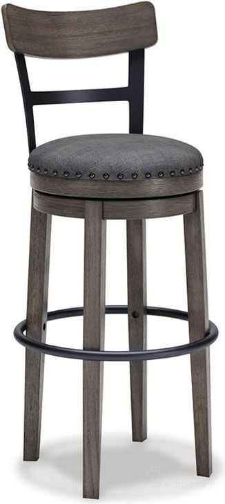 The appearance of Caitbrook Gray Tall Upholstered Swivel Barstool designed by Signature Design by Ashley in the transitional interior design. This gray piece of furniture  was selected by 1StopBedrooms from Caitbrook Collection to add a touch of cosiness and style into your home. Sku: D388-230. Material: Fabric. Product Type: Barstool. Image1