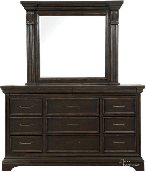 The appearance of Caldwell Dresser with Mirror designed by Pulaski in the traditional interior design. This brown piece of furniture  was selected by 1StopBedrooms from Caldwell Collection to add a touch of cosiness and style into your home. Sku: P012100;P012110. Product Type: Dresser and Mirror. Image1