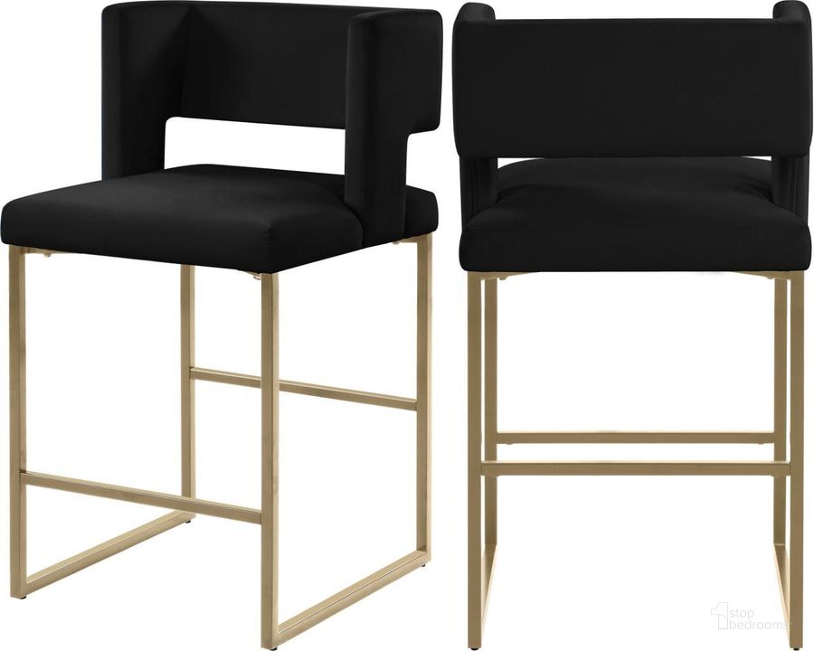 The appearance of Caleb Black Velvet Counter Stool Set of 2 designed by Meridian in the modern / contemporary interior design. This black velvet piece of furniture  was selected by 1StopBedrooms from Caleb Collection to add a touch of cosiness and style into your home. Sku: 969Black-C. Product Type: Barstool. Material: Velvet. Image1