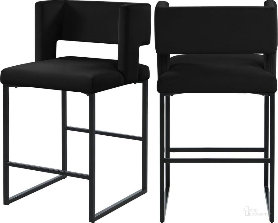 The appearance of Caleb Black Velvet Counter Stool 970Black-C Set of 2 designed by Meridian in the modern / contemporary interior design. This black velvet piece of furniture  was selected by 1StopBedrooms from Caleb Collection to add a touch of cosiness and style into your home. Sku: 970Black-C. Product Type: Barstool. Material: Velvet. Image1