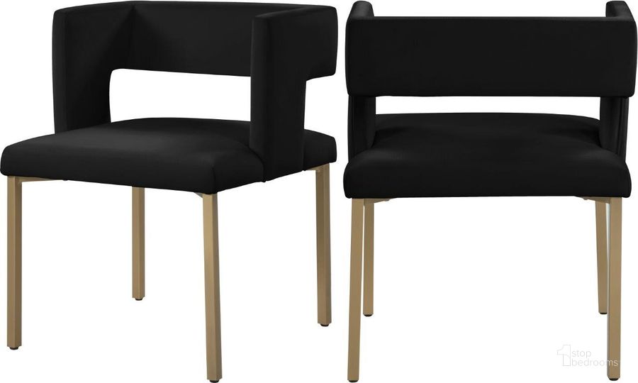 The appearance of Caleb Black Velvet Dining Chair 967Black-C Set of 2 designed by Meridian in the modern / contemporary interior design. This black velvet piece of furniture  was selected by 1StopBedrooms from Caleb Collection to add a touch of cosiness and style into your home. Sku: 967Black-C. Product Type: Dining Chair. Material: Velvet. Image1
