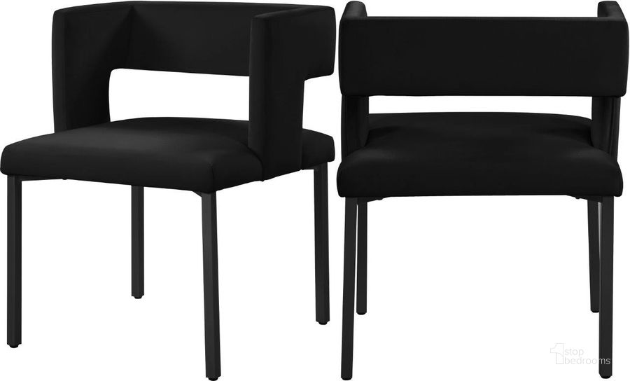 The appearance of Caleb Black Velvet Dining Chair 968Black-C Set of 2 designed by Meridian in the modern / contemporary interior design. This black velvet piece of furniture  was selected by 1StopBedrooms from Caleb Collection to add a touch of cosiness and style into your home. Sku: 968Black-C. Product Type: Dining Chair. Material: Velvet. Image1