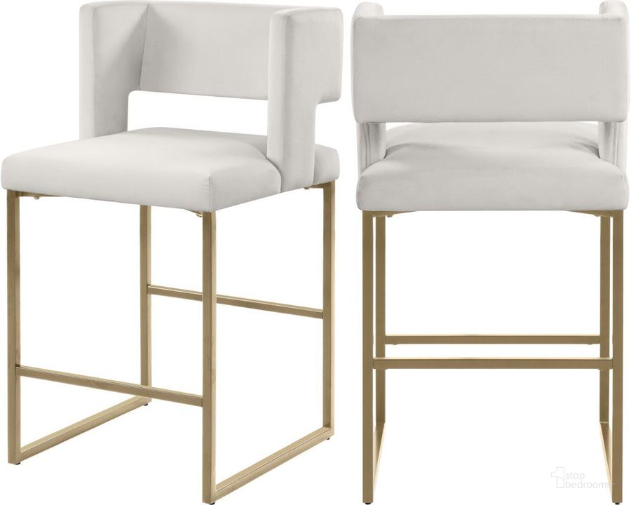 The appearance of Caleb Cream Velvet Counter Stool 969Cream-C Set of 2 designed by Meridian in the modern / contemporary interior design. This cream velvet piece of furniture  was selected by 1StopBedrooms from Caleb Collection to add a touch of cosiness and style into your home. Sku: 969Cream-C. Product Type: Barstool. Material: Velvet. Image1