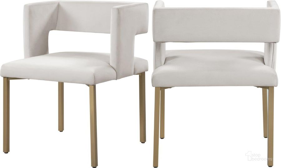 The appearance of Caleb Cream Velvet Dining Chair 967Cream-C Set of 2 designed by Meridian in the modern / contemporary interior design. This cream velvet piece of furniture  was selected by 1StopBedrooms from Caleb Collection to add a touch of cosiness and style into your home. Sku: 967Cream-C. Product Type: Dining Chair. Material: Velvet. Image1