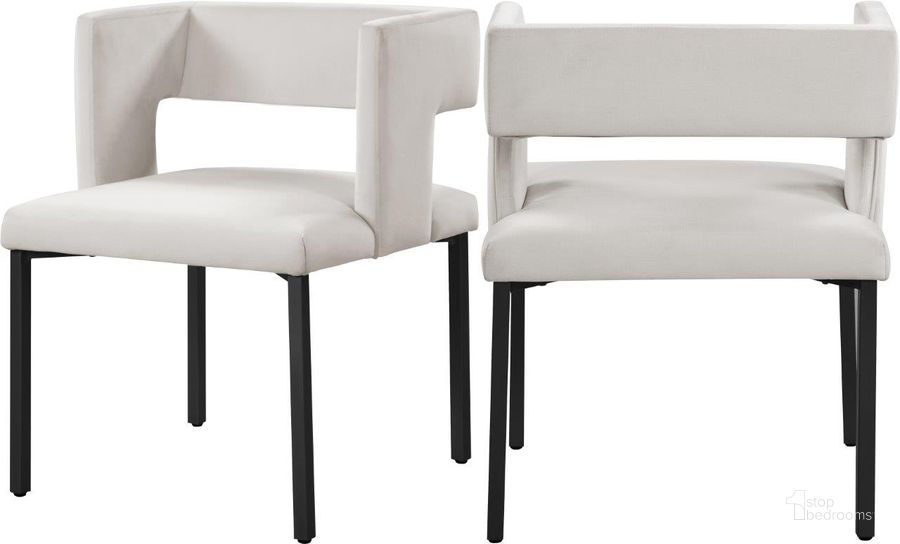 The appearance of Caleb Cream Velvet Dining Chair 968Cream-C Set of 2 designed by Meridian in the modern / contemporary interior design. This cream velvet piece of furniture  was selected by 1StopBedrooms from Caleb Collection to add a touch of cosiness and style into your home. Sku: 968Cream-C. Product Type: Dining Chair. Material: Velvet. Image1