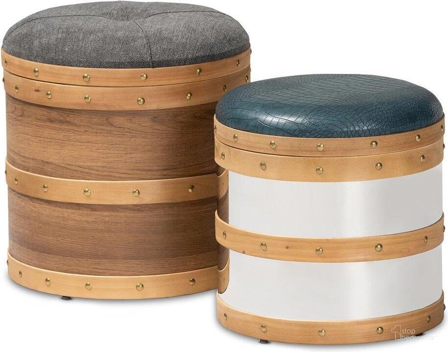 The appearance of Caleb Modern and Contemporary Glam Grey Fabric and Blue Alligator Faux Leather Upholstered 2-Piece Wood and Metal Storage Ottoman Set designed by Baxton Studio in the modern / contemporary interior design. This brown piece of furniture  was selected by 1StopBedrooms from Caleb Collection to add a touch of cosiness and style into your home. Sku: R87R504-2PC Otto Set. Material: Fabric. Product Type: Ottoman. Image1