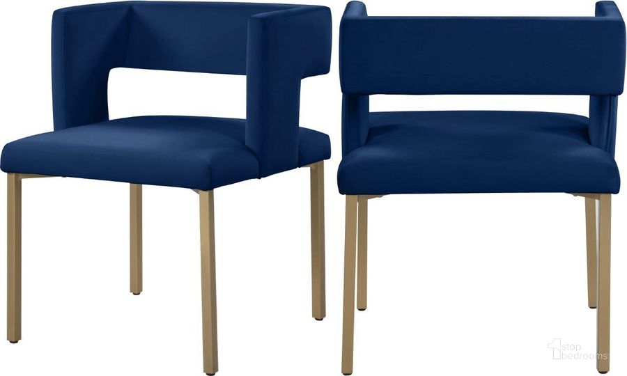 The appearance of Caleb Navy Velvet Dining Chair Set of 2 designed by Meridian in the modern / contemporary interior design. This navy velvet piece of furniture  was selected by 1StopBedrooms from Caleb Collection to add a touch of cosiness and style into your home. Sku: 967Navy-C. Product Type: Dining Chair. Material: Velvet. Image1