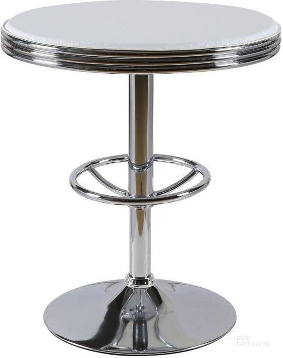 The appearance of California 25 Inch Metal Swivel Bar Table In White And Chrome designed by Best Master Furniture in the transitional interior design. This white and chrome piece of furniture  was selected by 1StopBedrooms from California Collection to add a touch of cosiness and style into your home. Sku: WX2408W. Material: Metal. Product Type: Bar Table.