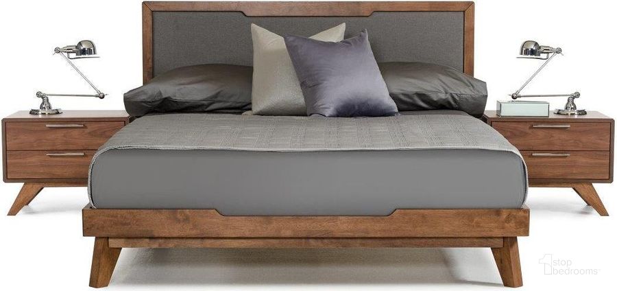 The appearance of California King Nova Domus Soria Mid-Century Grey And Walnut Bed designed by VIG Furniture in the transitional interior design. This walnut piece of furniture  was selected by 1StopBedrooms from Nova Domus Soria Collection to add a touch of cosiness and style into your home. Sku: VGMABR-32-BED-CK. Bed Type: Platform Bed. Material: Fabric. Product Type: Platform Bed. Bed Size: California King. Image1
