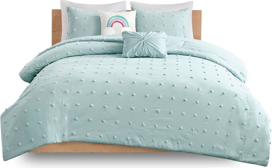 The appearance of Callie Cotton Jacquard Pom Pom 5Pcs Queen Comforter Set In Aqua designed by Olliix in the modern / contemporary interior design. This aqua piece of furniture  was selected by 1StopBedrooms from Callie Collection to add a touch of cosiness and style into your home. Sku: UHK10-0131. Material: Polyester. Bed Size: Queen. Product Type: Comforter Set. Image1