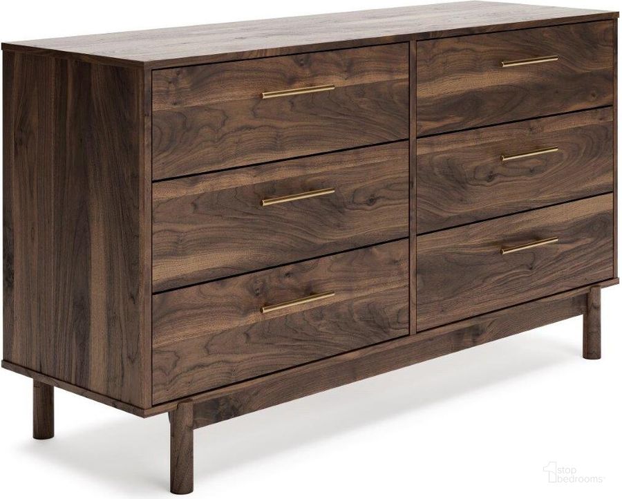 The appearance of Calverson Mocha Six Drawer Dresser designed by Signature Design by Ashley in the transitional interior design. This mocha piece of furniture  was selected by 1StopBedrooms from Calverson Collection to add a touch of cosiness and style into your home. Sku: EB3660-231. Material: Wood. Product Type: Dresser. Image1