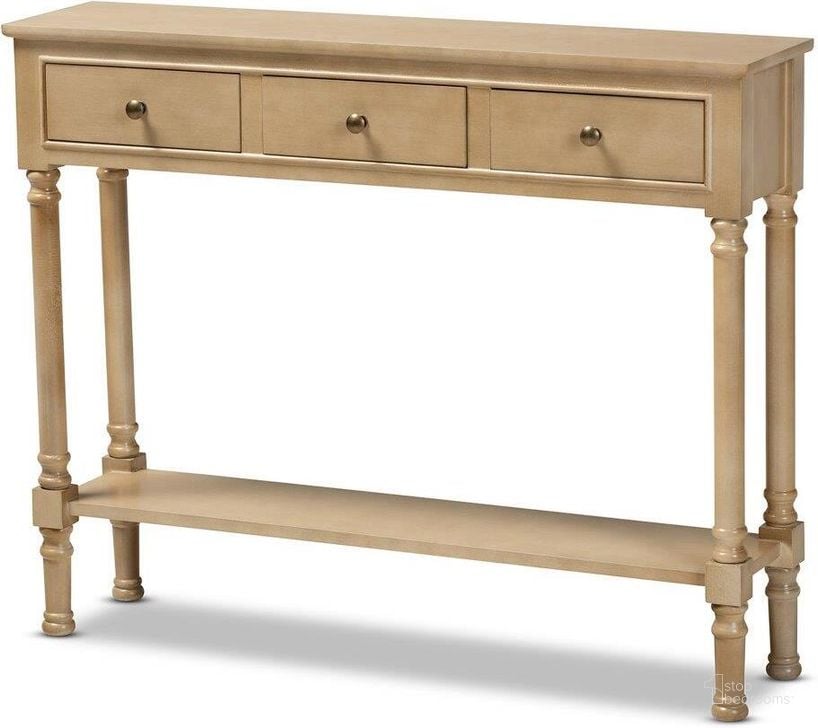 The appearance of Calvin Classic and Traditional French Farmhouse Oak Brown Finished Wood 3-Drawer Entryway Console Table designed by Baxton Studio in the traditional interior design. This brown piece of furniture  was selected by 1StopBedrooms from Calvin Collection to add a touch of cosiness and style into your home. Sku: WERPL-01-Brown-Console. Product Type: Console Table. Material: MDF. Image1
