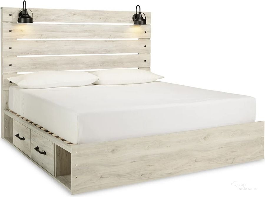 The appearance of Cambeck Whitewash King Panel Bed with Double Underbed Storage designed by Signature Design by Ashley in the rustic / southwestern interior design. This white wash piece of furniture  was selected by 1StopBedrooms from Cambeck Collection to add a touch of cosiness and style into your home. Sku: B192-56;B192-58;B192-60;B192-60;B100-14. Bed Type: Storage Bed. Material: Wood. Product Type: Storage Bed. Bed Size: King. Image1