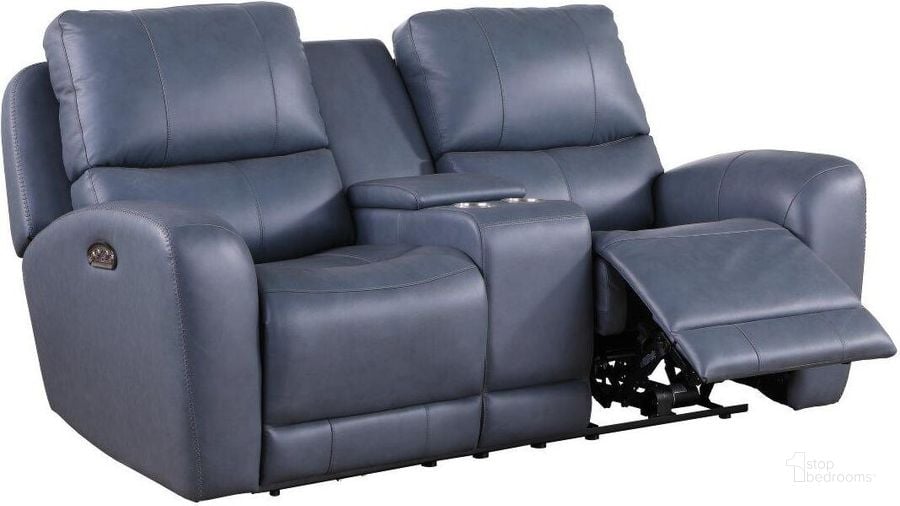 The appearance of Cambria Blue Leather Bel Air Dual Power Reclining Console Loveseat designed by Leather Italia USA in the modern / contemporary interior design. This blue piece of furniture  was selected by 1StopBedrooms from Cambria Collection to add a touch of cosiness and style into your home. Sku: 1444-EH295C-026027LV. Material: Fabric. Product Type: Loveseat. Image1
