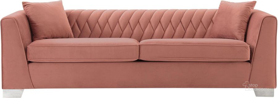 The appearance of Cambridge Brushed Stainless Steel And Blush Velvet Sofa designed by Armen Living in the modern / contemporary interior design. This pink piece of furniture  was selected by 1StopBedrooms from Cambridge Collection to add a touch of cosiness and style into your home. Sku: LCCM3BLUSH. Product Type: Sofa. Material: Velvet. Image1