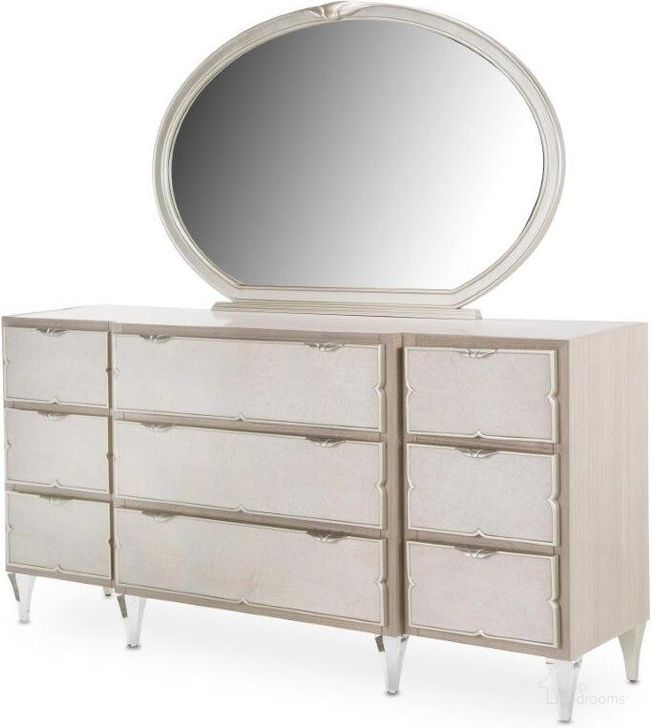 The appearance of Camden Court Dresser And Mirror In Pearl designed by AICO in the modern / contemporary interior design. This pearl piece of furniture  was selected by 1StopBedrooms from Camden Court Collection to add a touch of cosiness and style into your home. Sku: 9005050-126;9005060-126. Material: Wood. Product Type: Dresser. Image1