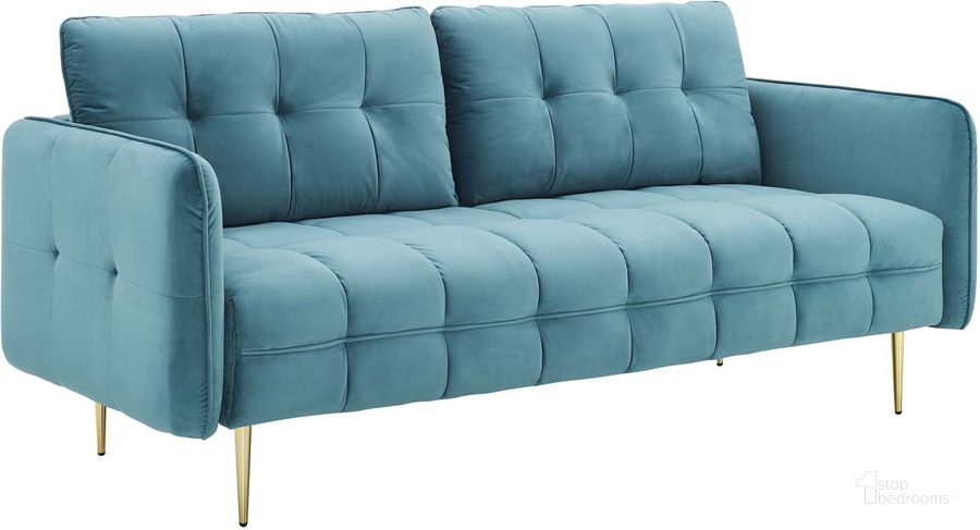 The appearance of Cameron Tufted Performance Velvet Sofa EEI-4450-SEA designed by Modway in the modern / contemporary interior design. This sea blue piece of furniture  was selected by 1StopBedrooms from Cameron Collection to add a touch of cosiness and style into your home. Sku: EEI-4450-SEA. Material: Wood. Product Type: Sofa. Image1